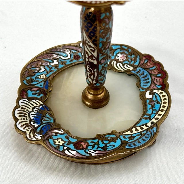 Metal Beautiful Antique French Rococo Champleve ( Enamel ) on Bronze & Marble Night Stand Candlestick Circa 1880s For Sale - Image 7 of 12