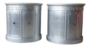 Pair of Mid-Century Hollywood Regency Marble Top Silver Leaf Greek Key Drum Tables