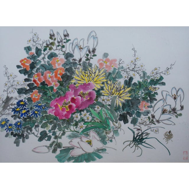 Chinoiserie Vintage Zhongxiang Liu Chinese Chinoiserie Botanical Floral Watercolor Painting For Sale - Image 3 of 11