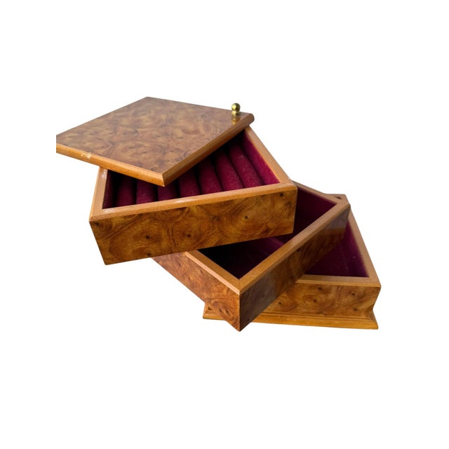 Wood Vintage Mele 3‑Tier Swiveling Jewelry Box • Minimalist Mid Century Modern Organizer • Faux Burled Wood Vanity Storage For Sale - Image 7 of 8