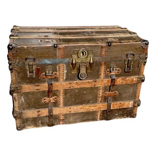 Early 1900s European Antique Travel Trunk With Wood Slats & Metal Hardware For Sale