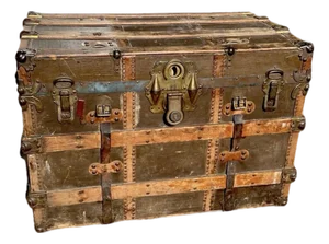Early 1900s European Antique Travel Trunk With Wood Slats & Metal Hardware