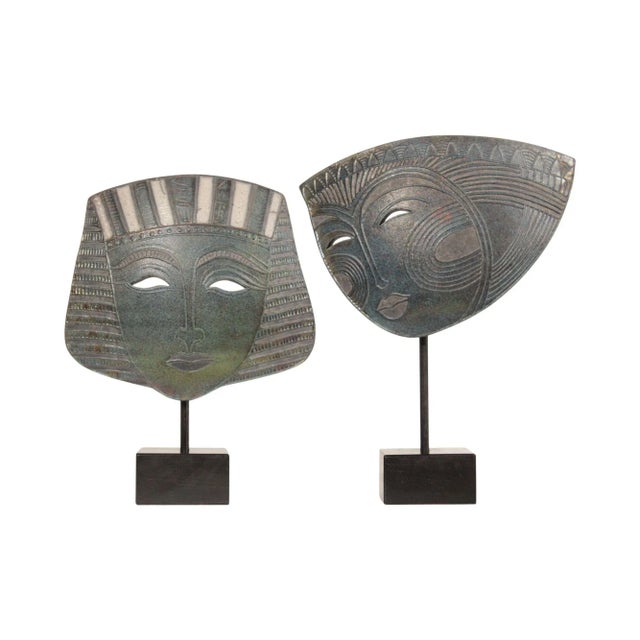 Jacinthe Bruneau Pair Tribal Mask Raku Ceramic Sculptures For Sale - Image 13 of 13