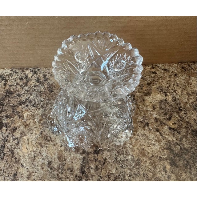 Traditional Vintage Cut Crystal Pedestal Bowl With Floral and Starburst Pattern For Sale - Image 3 of 3