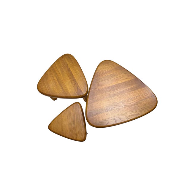 Wood Triangular Oak Nesting Tables by Pierre Chapo, 1970s, Set of 3 For Sale - Image 7 of 10