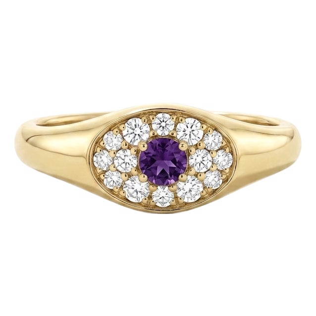 Natural Amethyst Halo Ring | Signet Style Vintage Ring | Statement Cocktail Ring for Her Us 7 For Sale
