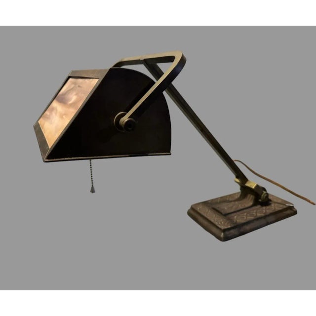 1920s Antique Arts & Crafts Brass & Slag Glass Bankers Desk Table Lamp For Sale - Image 5 of 11