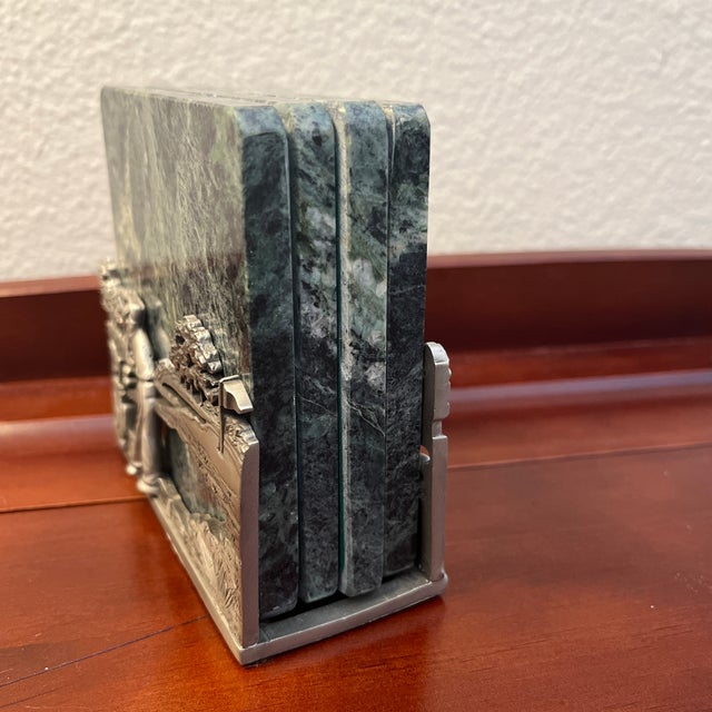 Vintage Pewter Golf Coaster Holder With Green Marble Coasters- 5 Pieces For Sale - Image 4 of 7