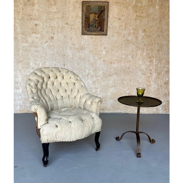 Metal Vintage Inspired Spanish Gilt Iron Drinks Table With Rolled Rim and Hammered Tripod Base For Sale - Image 7 of 14