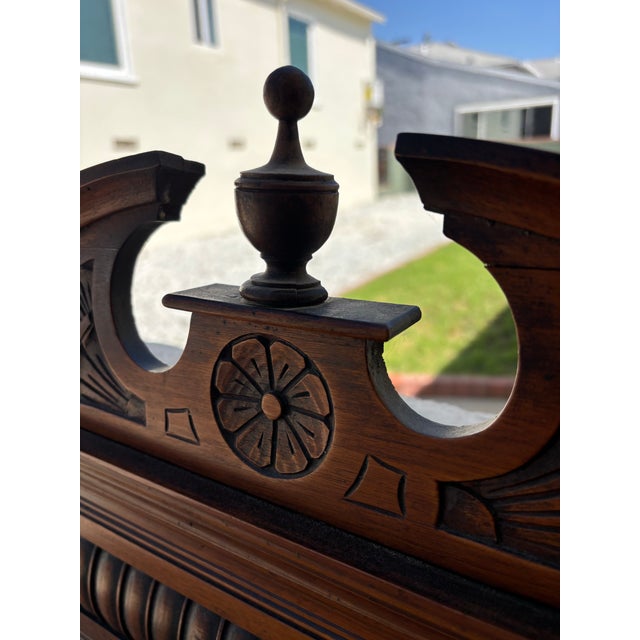 Brown Antique Victorian or Eastlake-Style Carved Wood Overmantel Mirror Featuring Multiple Bevelled Glass Panels and Display Shelves For Sale - Image 8 of 9