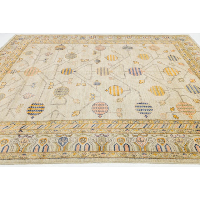 Modern Khotan Style Hand-Knotted Cream Wool Rug Pomegranate Tree of Life Design For Sale - Image 9 of 11