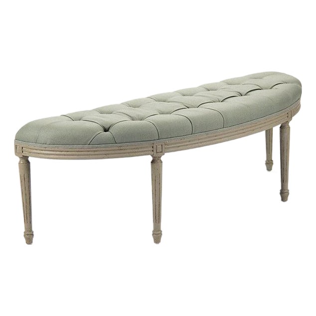 Louis Demilune Curve Tufted Bench - Sage Linen / Birch Frame For Sale