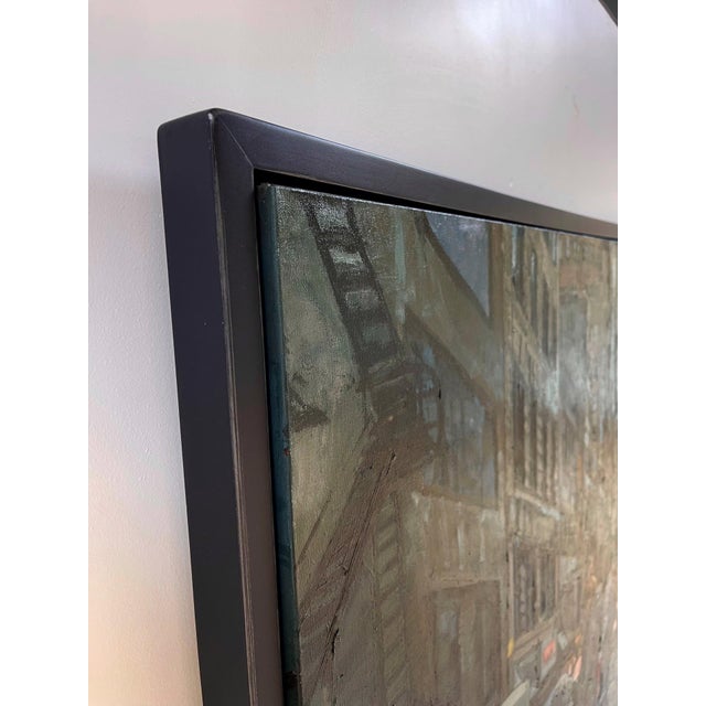 Contemporary Walker by Jim Beckner | Oil on panel City street scene with pedestrians crossing at a crosswalk. For Sale - Image 3 of 4