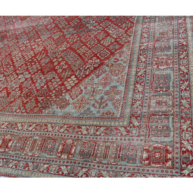 Red Antique Persian Joshegan Rug With Geometric Medallion Design in Red and Lt. Blue 9'6 X 12'3 For Sale - Image 8 of 15