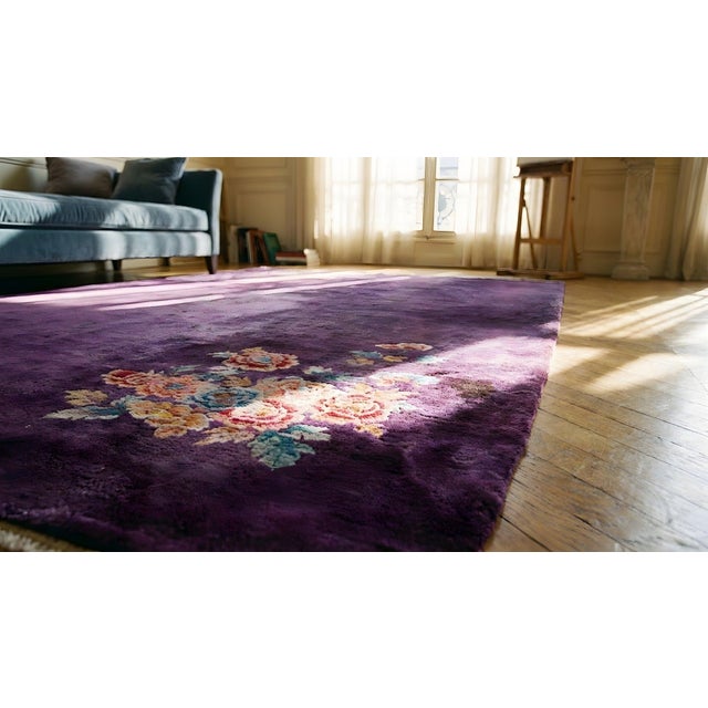 Wonderful Purple Open Field With Unique on the Corner Detail Floral Antique Chinese Art Deco Rug For Sale - Image 9 of 9