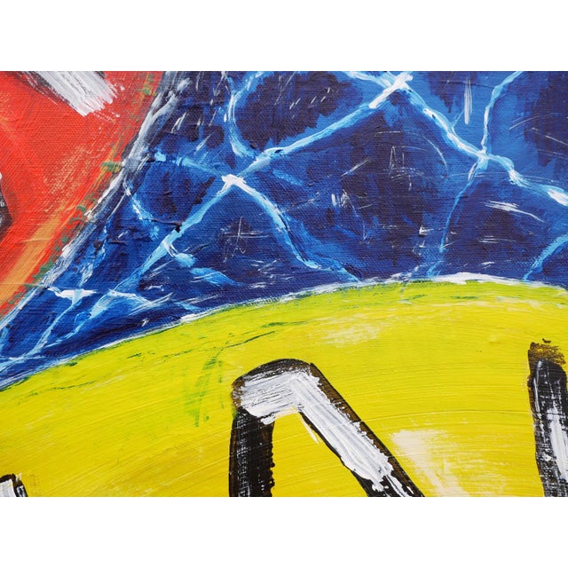 Blue, red, and yellow abstract contemporary still life landscape by Houston, TX artist Moisés Villafuerte. This abstract...