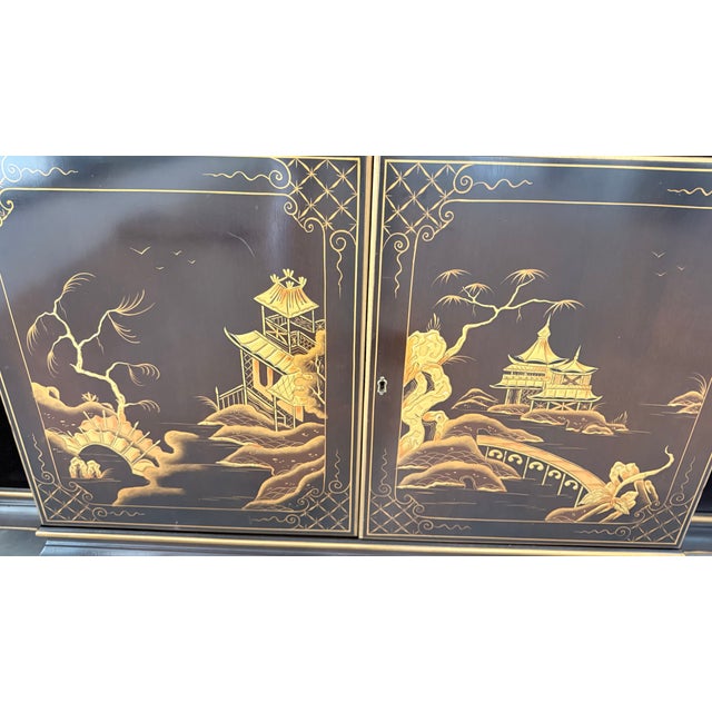 1984 Karges Furniture Hand-Painted Chinoiserie Lacquer Credenza With Asian Chow Legs For Sale - Image 13 of 15
