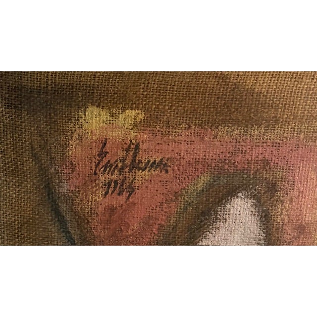 Mid 20th Century Original Mid Century Salvatore Emblema Painting on Jute - Two Figures and a Building, Signed For Sale - Image 5 of 8