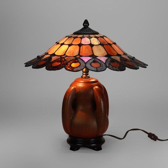 Early 20th Century Early 20th Century Arts & Crafts Leaded Stained Glass Table Lamp With Pottery Base For Sale - Image 5 of 13