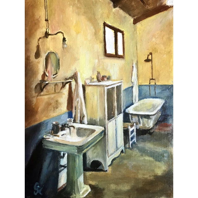 Signed Expressionist Original Art Deco Style Interior Bathroom Painting, Framed For Sale - Image 4 of 6