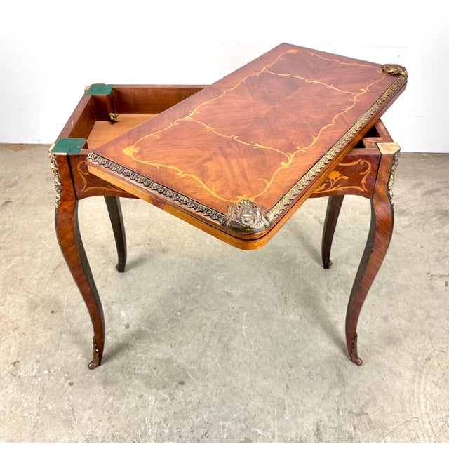 Early 20th Century Antique French Louis XV Style Marquetry and Ormolu Flip Top Game Table For Sale - Image 5 of 12