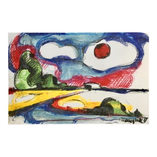 1970s Abstract Original Oil Pastel Landscape Drawing by Dutch Artist Mark Jonk For Sale