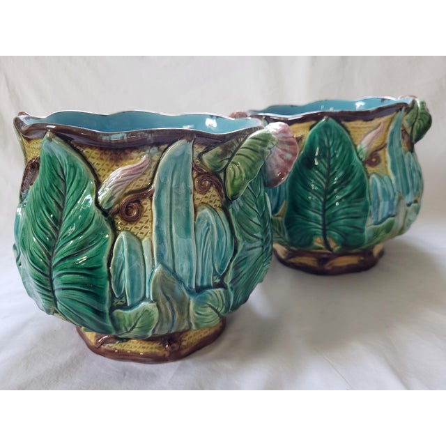 Antique French Majolica Liseron Cachepots, 1890s, Set of 2 For Sale - Image 6 of 6