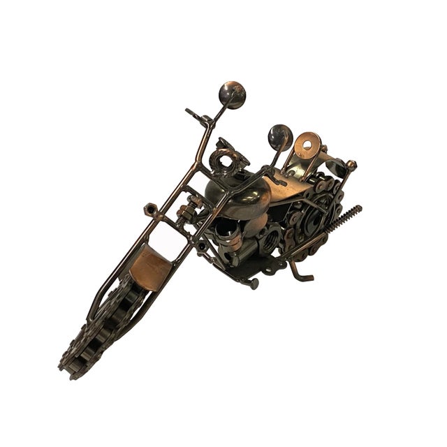 Figurative Copper Bronze Color Metal Mechanic Motorcycle Display Art Figure For Sale - Image 3 of 7