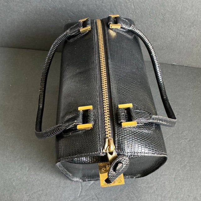 Animal Skin Vintage Finesse La Model Lizard Print Leather Box Bag Retro Top Handle Purse 50s 60s For Sale - Image 7 of 12