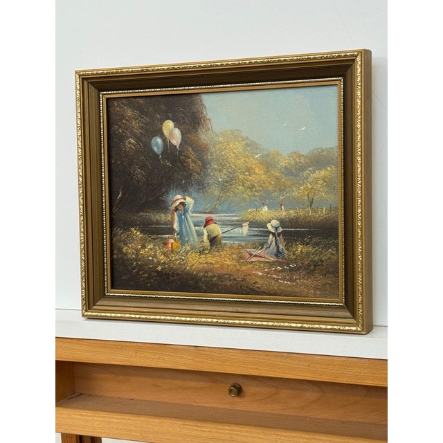 Oil Painting of Children Playing on Summers Day in the English Countryside 1980 Circa For Sale - Image 12 of 15