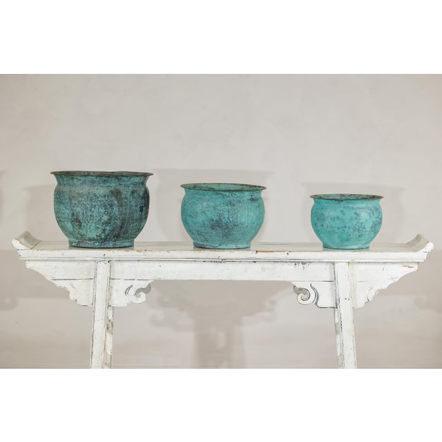 Turquoise Vintage Indian Copper Cachepots with Aged Turquoise Patina -Set of 3 For Sale - Image 8 of 18