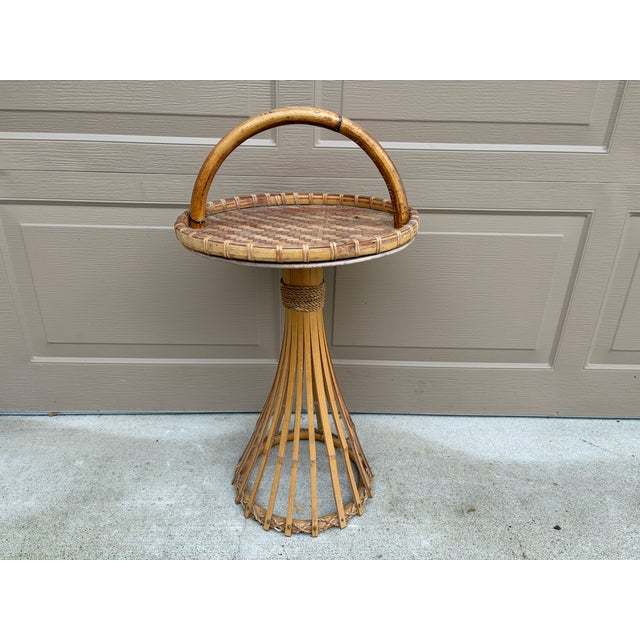 Mid-Century Palm Beach Bamboo & Woven Rattan Drinks Table With Carrying Handle For Sale - Image 11 of 12