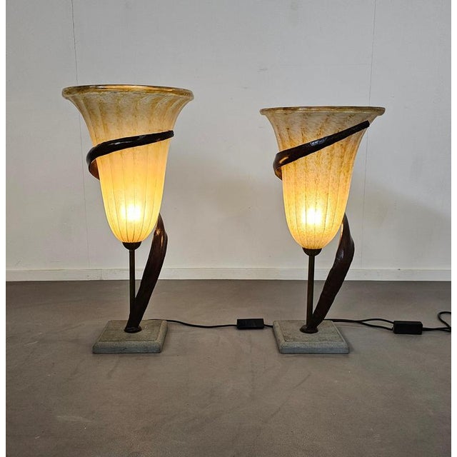 Large Jugendstil Floor Lamps with Stone Base and Italian Glass Shade from Roberto Galli, Set of 2 For Sale - Image 10 of 18