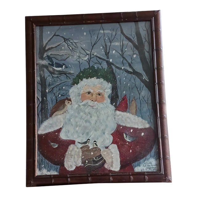 Vintage Large Heartwarming Painting of Kind Santa in Snowy Woods With Birds , Signed and Dated For Sale