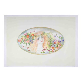 Felicita Frai, Portrait with a Garland of Flowers, Lithograph, 1980s For Sale