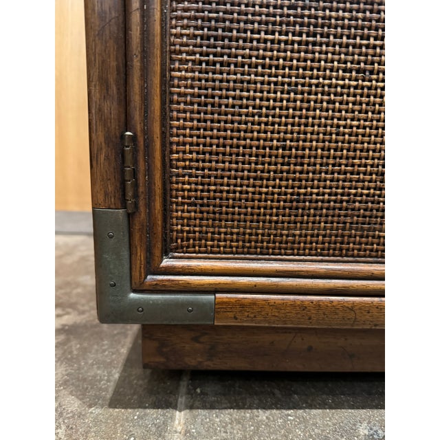Brown MCM Henredon Campaign Style Walnut and Rattan Rolling Bar/Cabinet W/ Expandable Flip Top For Sale - Image 8 of 12