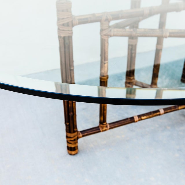 1980s McGuire Attributed Coastal Modern Bamboo & Laced Rawhide Racetrack Dining Table For Sale - Image 11 of 15