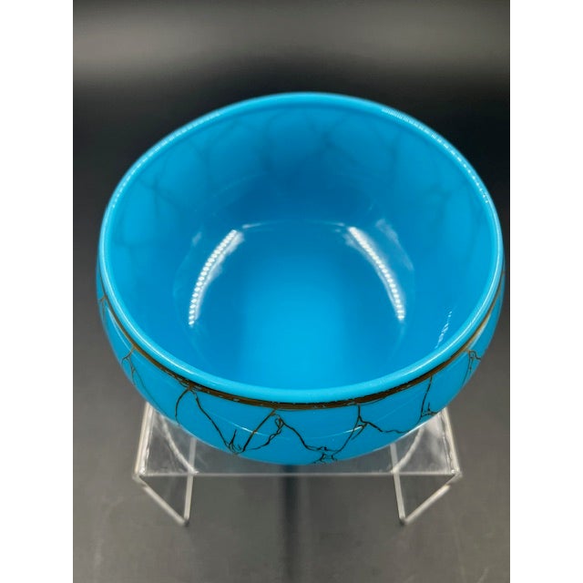 Metal Mid 19th Century Beautiful Antique Blue Vitrified Opaline Bowl With Gilt Net Design For Sale - Image 7 of 12
