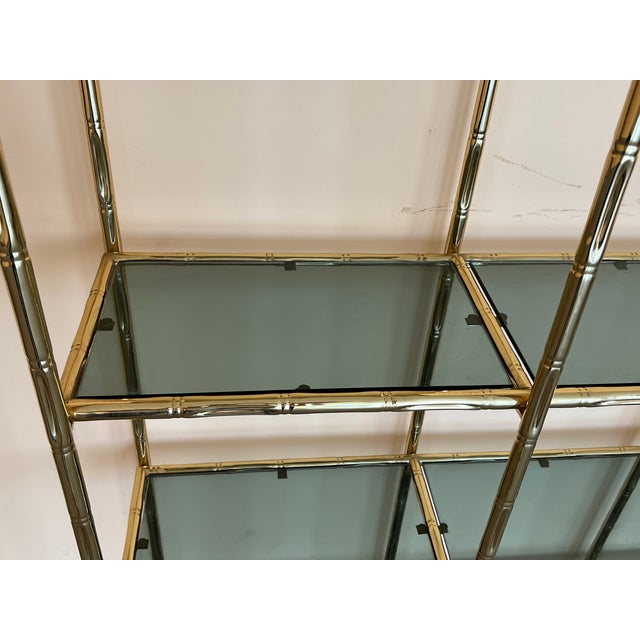 Mid-Century Modern Faux Bamboo Brass Etagere With Stair Form and Smoked Glass For Sale - Image 10 of 12