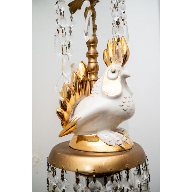 Mid 20th Century Monumental Pair of 25” Hollywood Regency Porcelain Rooster Crystal Sconces – Gilt Italianate Figural Wall Lights For Sale - Image 4 of 5