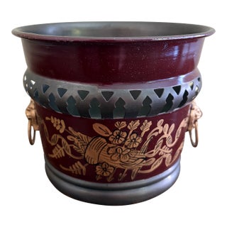 French Neoclassical Burgundy & Gold Tole Cachepot With Brass Lion Heads For Sale