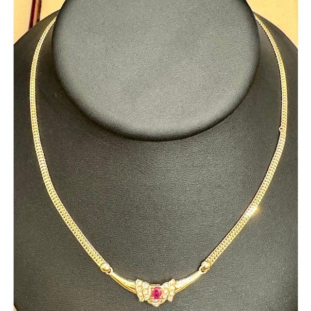 Modern Natural Oval Ruby & Diamond Pendant Necklace 14k Yellow Gold, 15 Inch Long For Sale - Image 3 of 8
