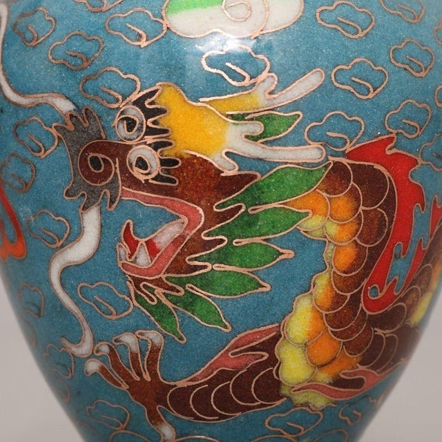 Pair of Vintage Cloisonne Enamel Vases – 6.1" Turquoise Ground Dragon & Phoenix Vases For Sale In Los Angeles - Image 6 of 9