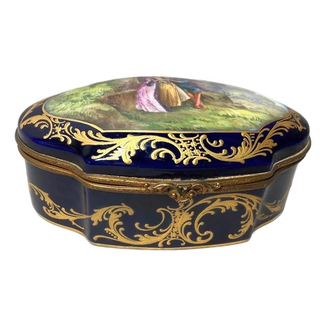 1880 French Sevres Blue Porcelain Gold Gilt Romantic Box For Sale