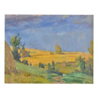 Arnolds Pankoks, Landscape with Hay Stacks, 1950s, Oil on Cardboard, Framed For Sale