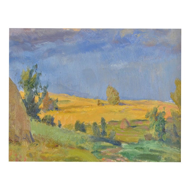 Arnolds Pankoks, Landscape with Hay Stacks, 1950s, Oil on Cardboard, Framed For Sale
