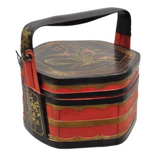 Vintage Chinese Black & Red Lacquer Floral Painted Lidded Wooden Tea Caddy Box For Sale
