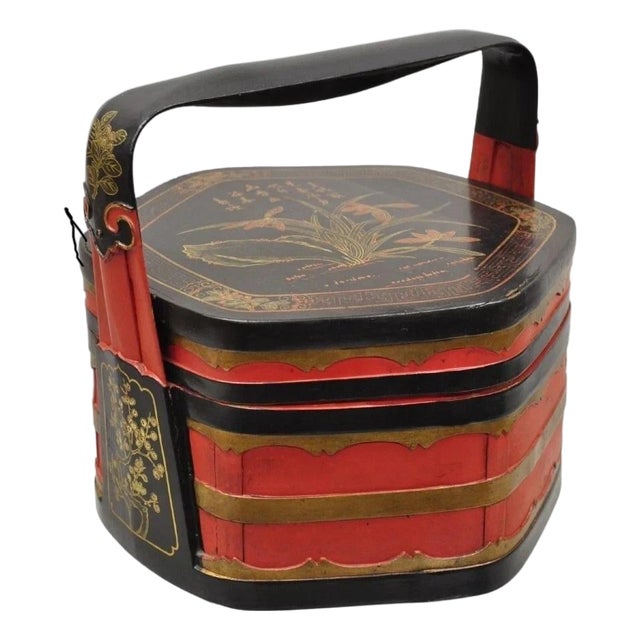 Vintage Chinese Black & Red Lacquer Floral Painted Lidded Wooden Tea Caddy Box For Sale