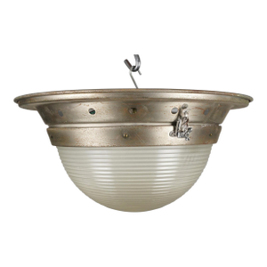 Mid 20th Century Industrial 20 In. Ribbed Glass Brushed Steel Dome Flush Mount Light