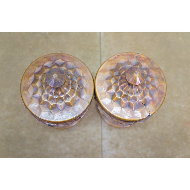 Brown Vintage Amethyst Glass Bronzed Shell Stone Urns Folk Art Mosaic Lidded Chalices For Sale - Image 8 of 13